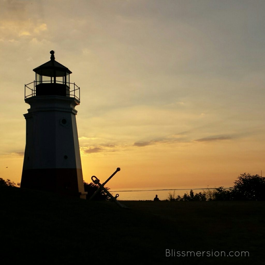 The 1877 Vermilion Lighthouse replica at sunset.