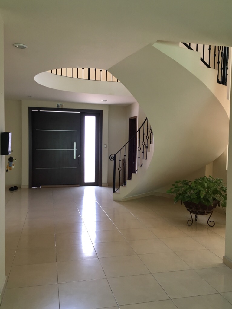 A view of a large entry way and circular staircase. It's our house!