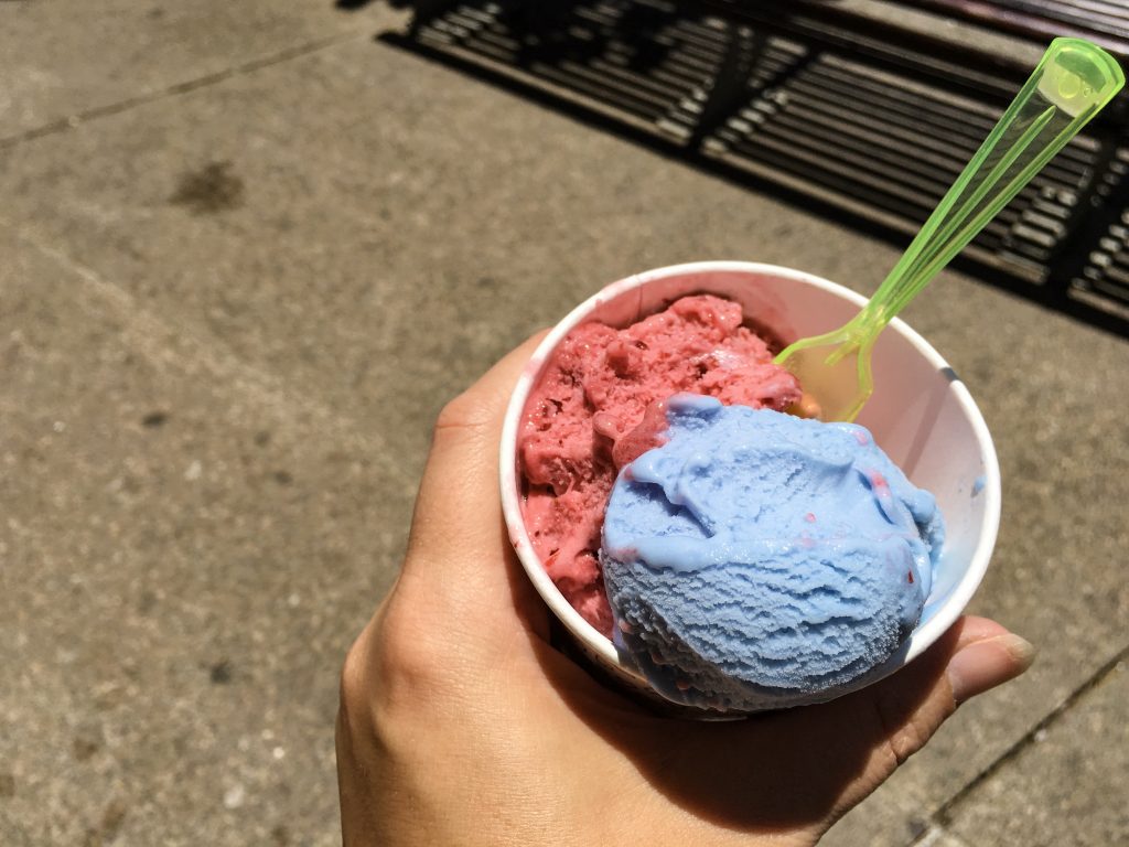 Pictured: a bowl of ice cream one scoop is light blue and the other is dark pink.