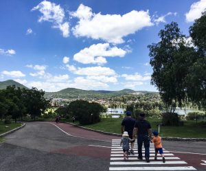 People walking down a hill into th heart of the amusement park.