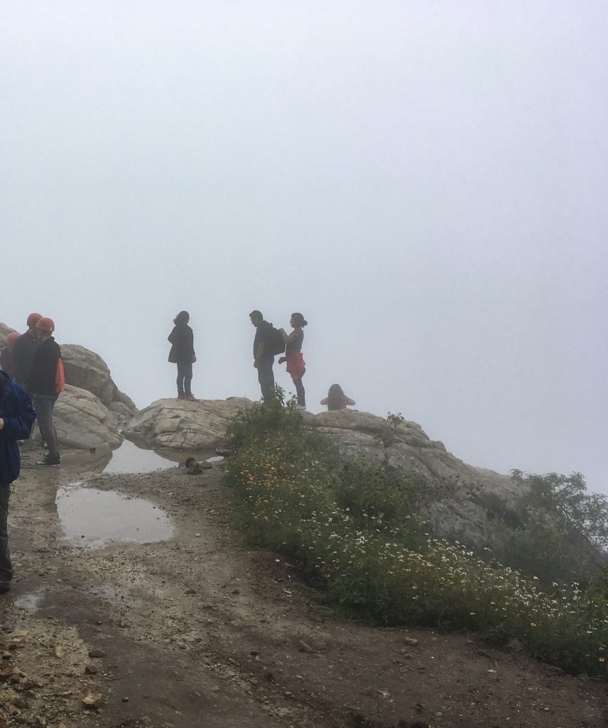 At the top of the Peña de Bernal. The view of Bernal San Sebastian is obscured by fog. Peña bernal.