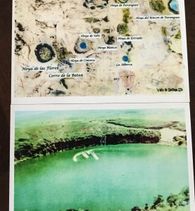 Two more postcards with vintage pictures. The top shows the locations of 9 of the 16 craters. The bottom shows the crater's lake with green water.