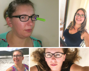 first picture: is of a woman wearing glasses with her hair pulled back. There is a nerf dart with a suction cup stuck on one side of her glasses. Picture 2: the same woman, hair down and styled with a big smile. Picture three: same woman, hair pulled back, smiling with a white crater and mountain behind her. Picture four: same woman, laying down with her light brown hair laying haphazardly laying around above her head. She looks neither happy nor unhappy in this picture, though the look does lean toward melancholy. These pictures and emotions are all part of my journey.