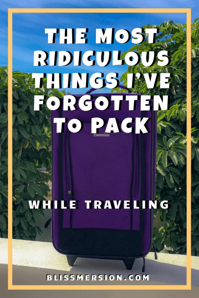 A purple suitcase sits on a white ledge, with green trees and blue sky behind it. Packing for a trip with kids around can lead to some unfortunate forgotten items. Here are some of the most ridiculous things I have forgotten for our travels. #packingtipsfortravel #travelwithkids #failedit #blissmersion