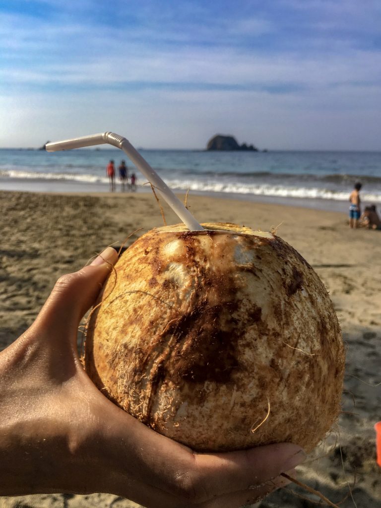 a hand holding a coconut drink, with the beach and ocean in the background.