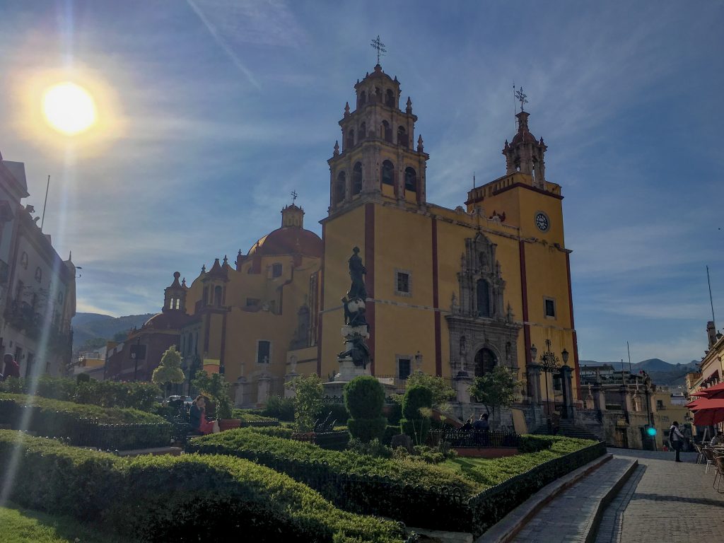 Cathedral Basilica Nuestra Señora de Guanajuato, the yellow and red church in Guanajuato, Mexico