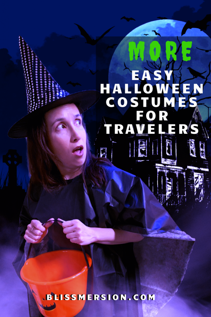 A woman dressed as a witch, looking into the cartoon moon and haunted house. Traveling during Halloween can be a lot of fun - have Halloween costume, will travel! Here are some great and easy Halloween costumes - that are also easy to pack and most won't take up much space in your luggage. #halloween #halloweencostumes #easyhalloweencostumes #costumesforwomen #travelhalloweenideas #blissmersion #halloweencostumeideasforwomen