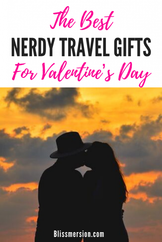 Two people are kissing in silhouette and both secretly wonder, "What are the best nerdy Valentine's day gifts for a traveler?" Check out these awesome, nerdy, fandom, and even romantic Valentine's Day gifts for the traveler in your life. #Valentinesday #Blissmersion #nerdytravelgifts #valentinesgifts #travelgifts #travelgiftideas