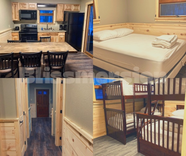 Burr Oak State Park cabins in Glouster, Ohio, interior views. Top left, the small kitchen with a full size stove and fridge. Top right, the double size bed in one bedroom. Bottom left: the cabin's hallway to the front door. Bottom right: the room with two sets of bunk beds and the bottom bunk on the right has a double bed.