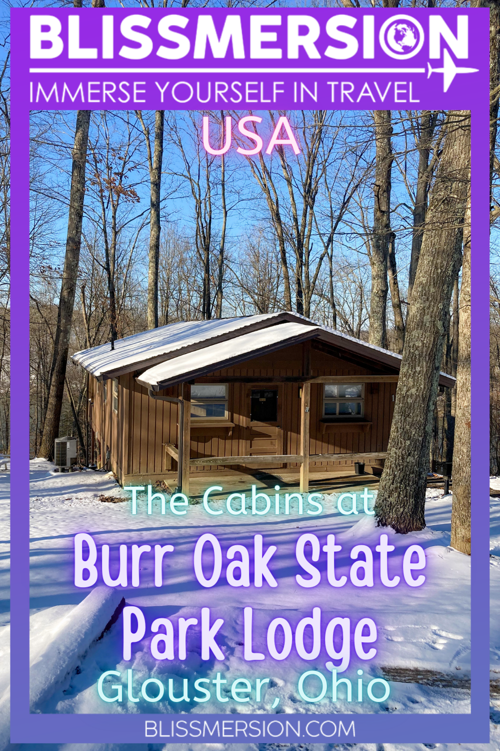 Picture of a brown cabins, surounded by tall, leafless trees, covered in snow.