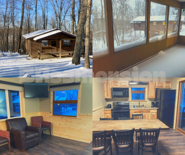 Burr Oak State Park cabins: top lrft: cabin front, dark brown wood. Top right: tthe screened in porch. Bottom left: cabin's family room. Bottom right: the kitchen of the cabin.