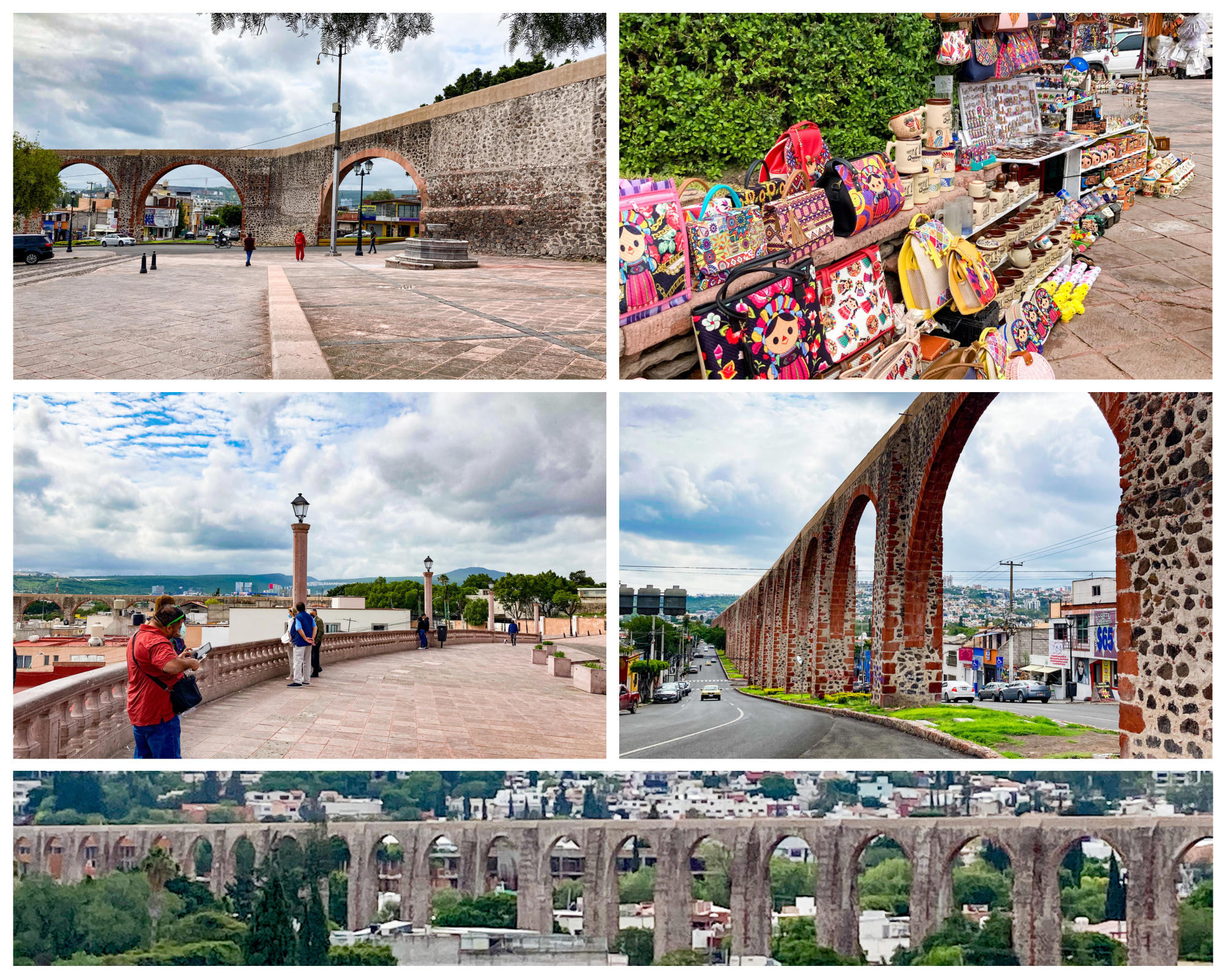 A photo collage of the Queretaro Aqueduct (Acueducto de Queretaro) and the surrounding area, including the veiwing platform, the vendor area, and a close up of the arches themselves.