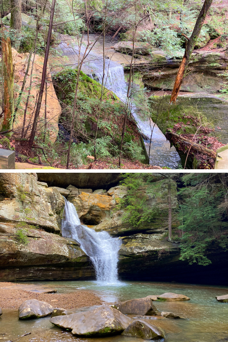 two photos of waterfalls in Ohio. The top one is a smaller, but wider waterfall called Hidden Falls. The second is the more grandiose Cedar Falls.