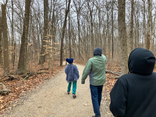 An overcast day, a trail in the woods, and three people. A girl is the farthest from the camera and she's looking up. A man is in the middle, and a boy completely covered by a hoodie is closest to us.